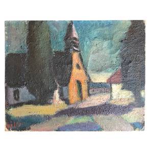 OIL ON CANVAS. COUNTRY VILLAGE SCENE 